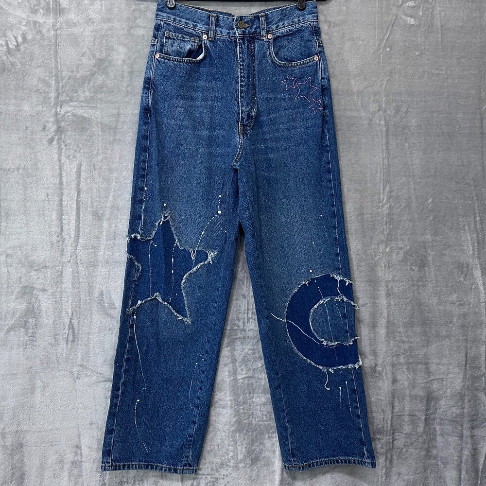 BDG Skylar High-Waisted Baggy Jeans Size 27 Celestial Patch Paint Splatter